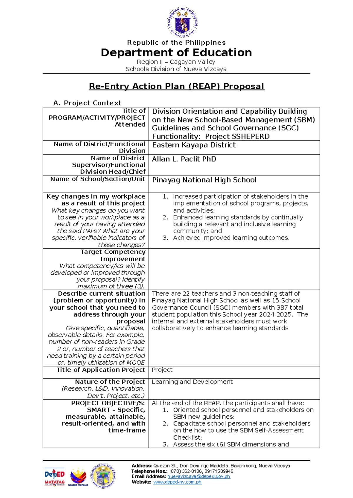 REAP Proposal for School-Based Management: Nueva Vizcaya Division - Studocu