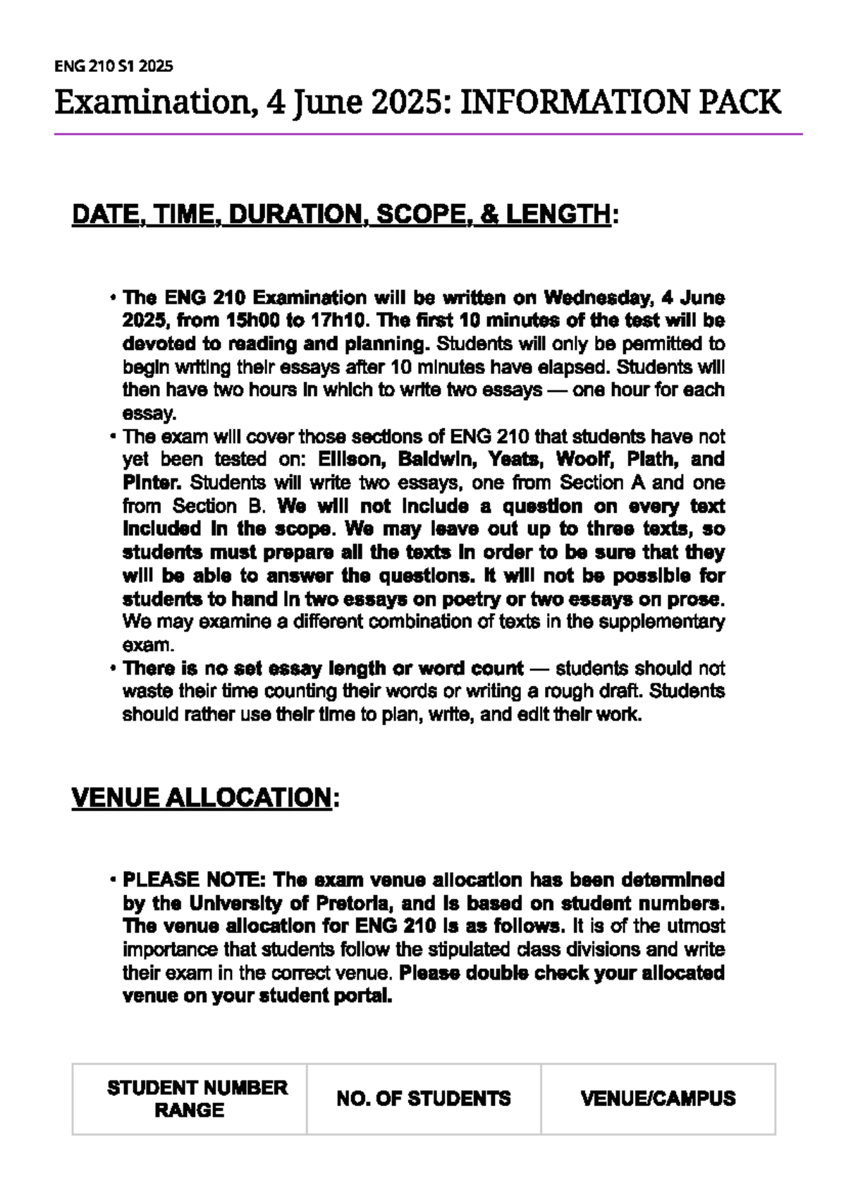 ENG 210 S1 2025 Final Exam Info Pack: Date, Time, Venue & Scope - Studocu