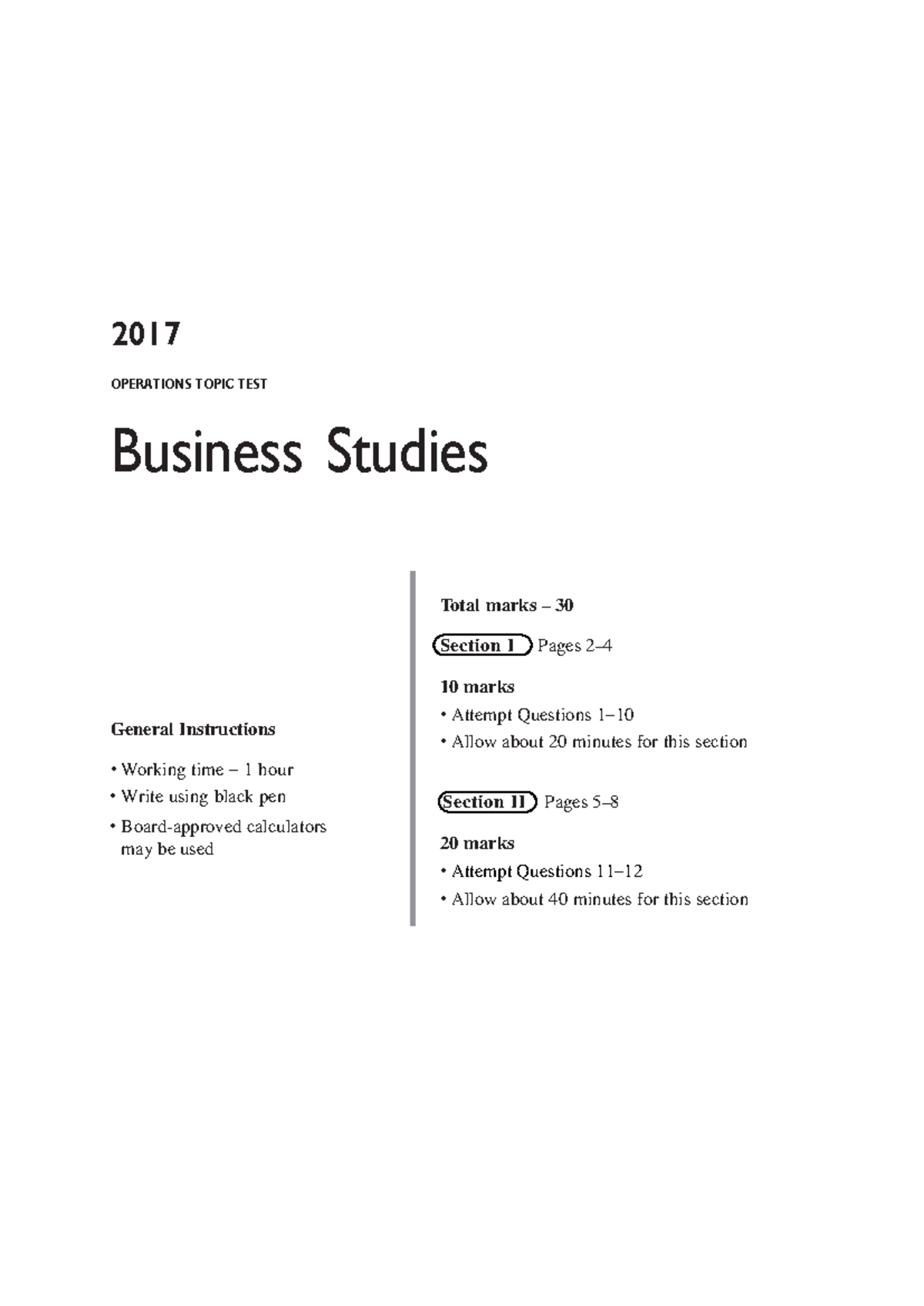 BS - 2017 Operations Topic Test Paper (Total Marks: 30) - Studocu