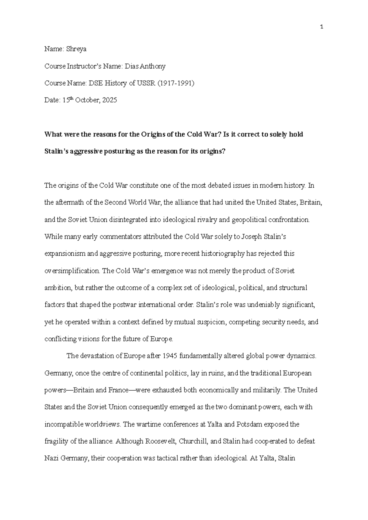 DSE Assignment: Analyzing the Origins of the Cold War - Studocu
