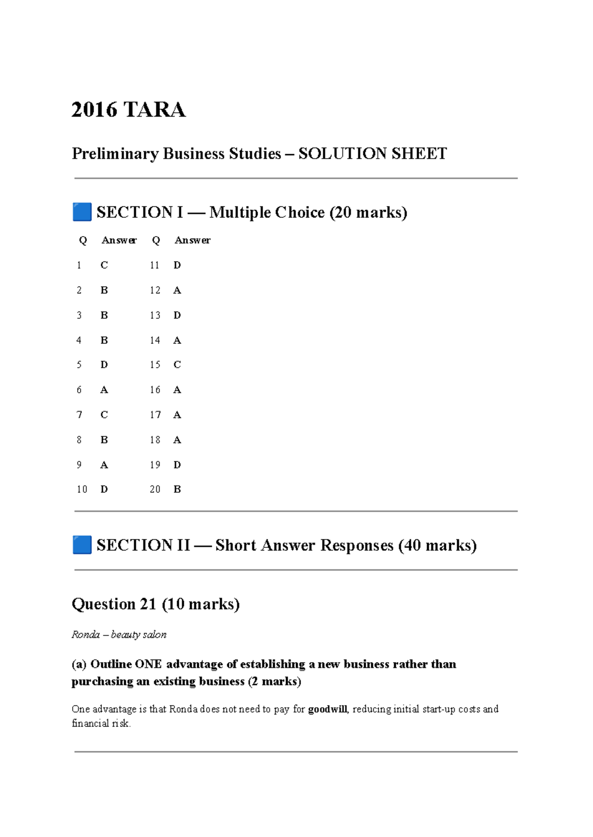 2016 TARA Year 11 Preliminary Business Studies Solutions Sheet - Studocu
