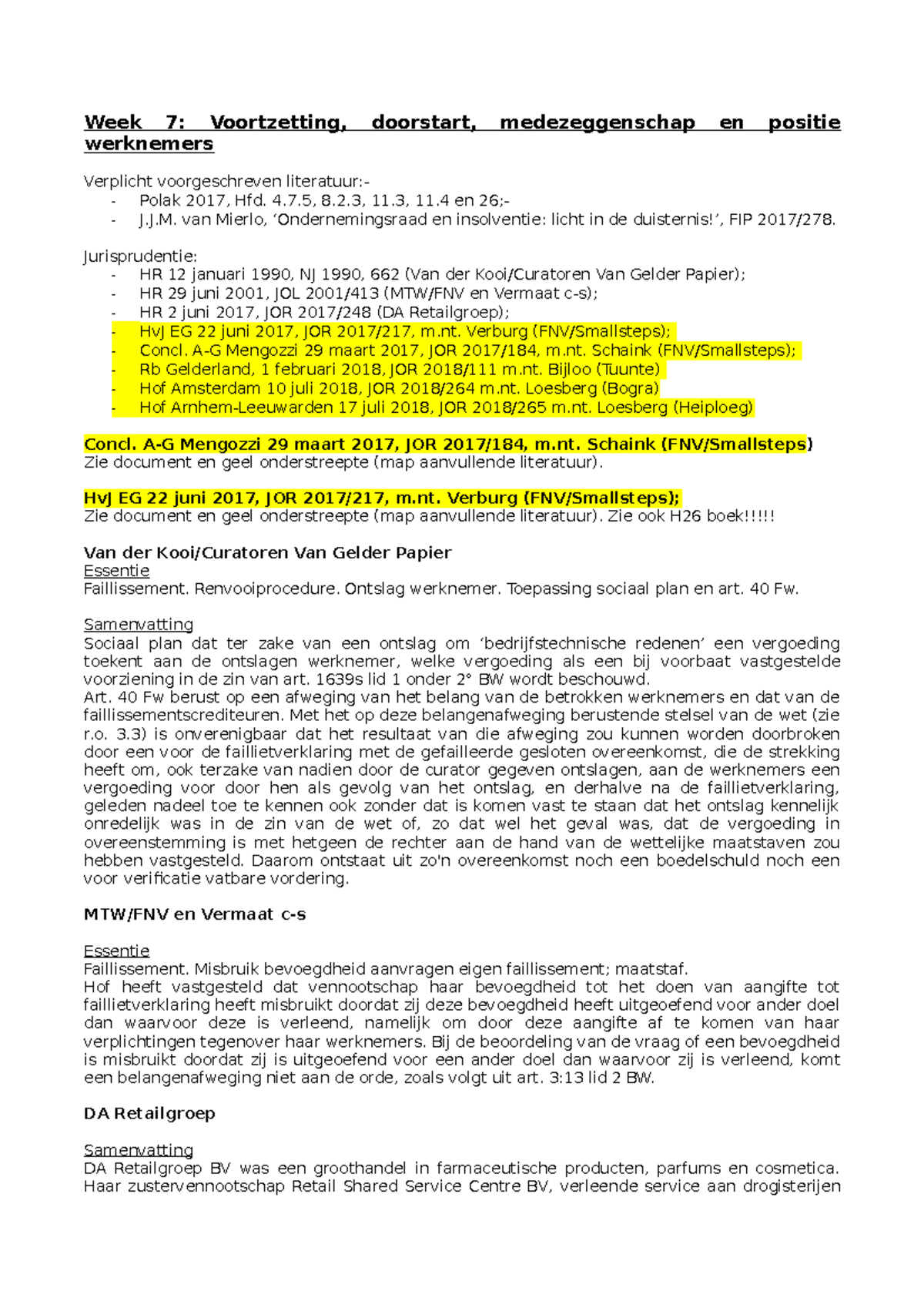 WC7 - College-aantekeningen 7: Faillissement en Ondernemingsraad ...