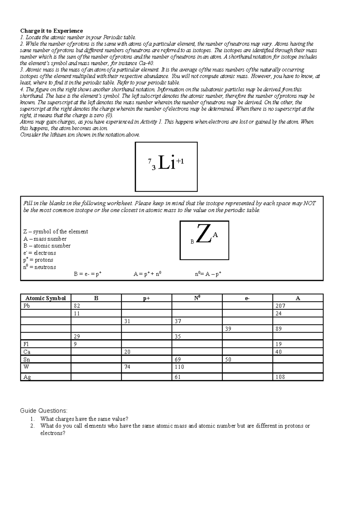 Week 23 Day 5 Worksheet: Isotopes and Atomic Structure - Studocu