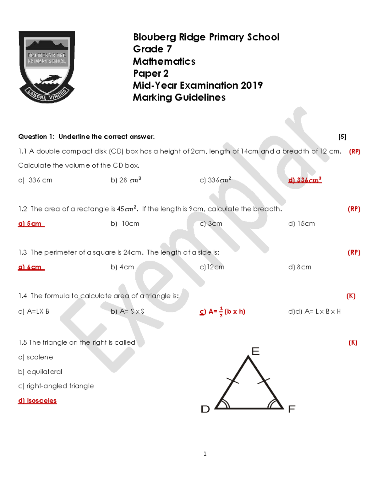 Mathematics Grade 7 Exam Paper 2 Marking Guidelines 2019 - Studocu