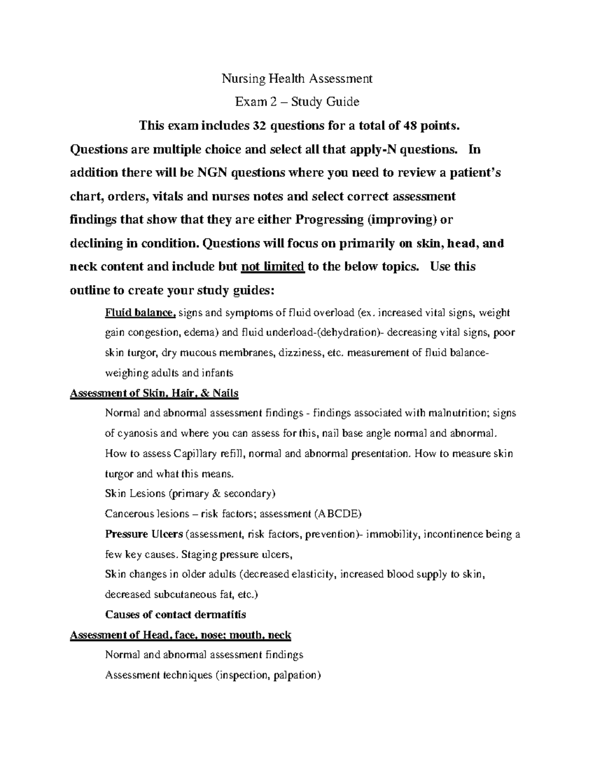 Nursing Health Assessment Exam 2 Study Guide (2024) - Studocu