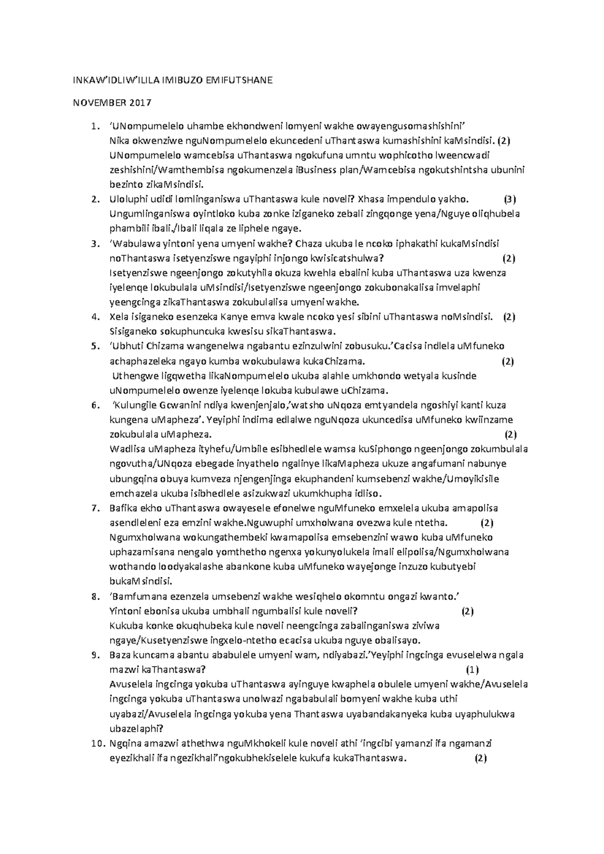 Inkaw'idliw'ilila Imibuzo Emifutshane - Uhlalutyo Lokuphanda 2020-2022 ...