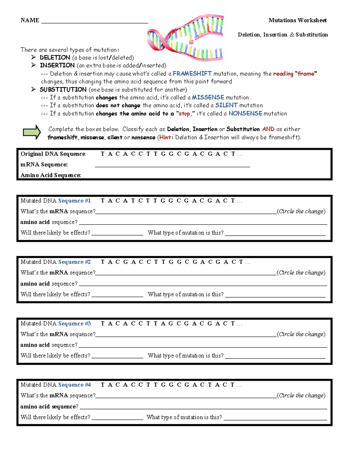 BIO 101 Mutations Worksheet: Deletion, Insertion, Substitution Types ...
