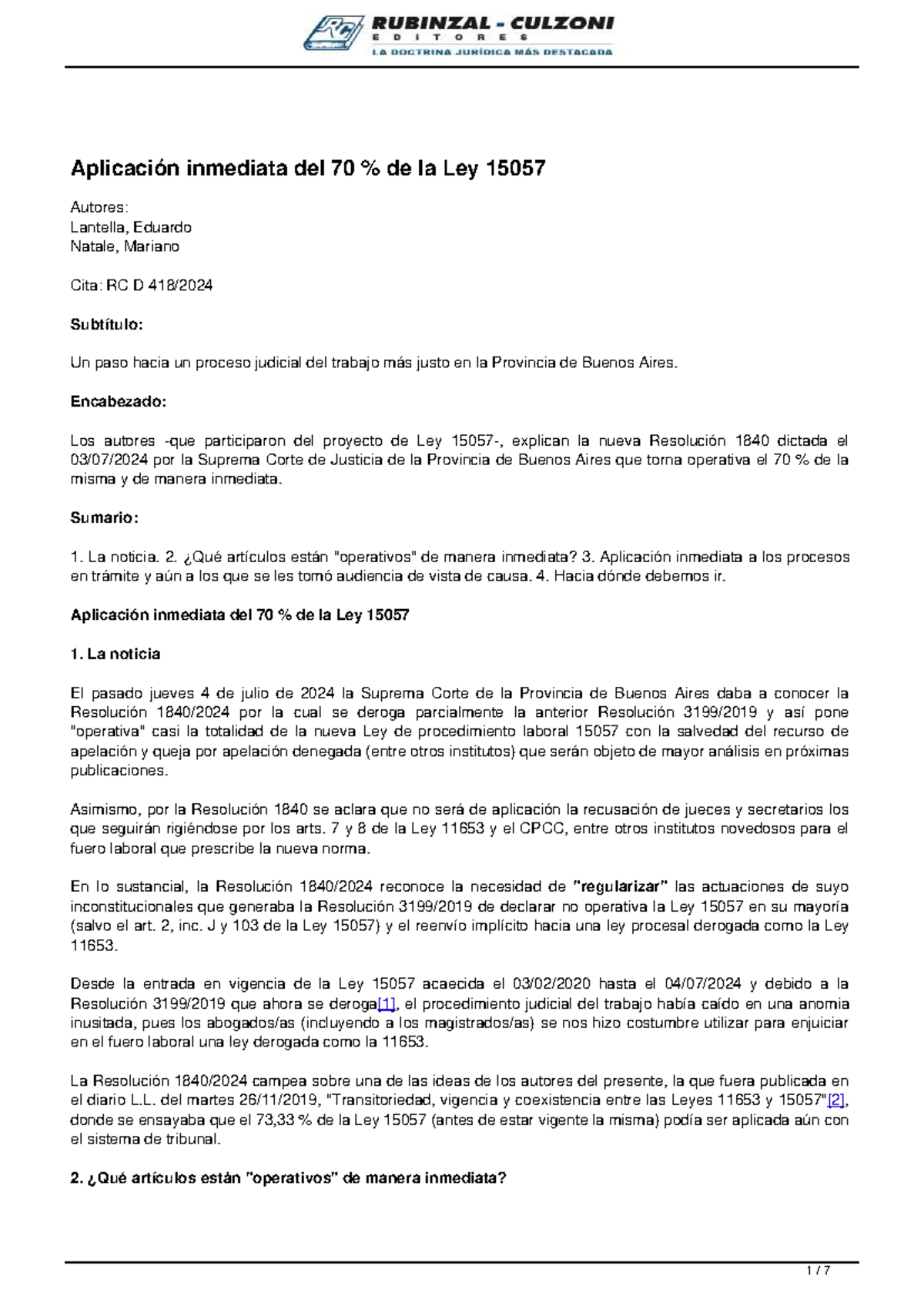 Aplicación inmediata del artículo 70 de la Ley 15057 en Buenos Aires ...