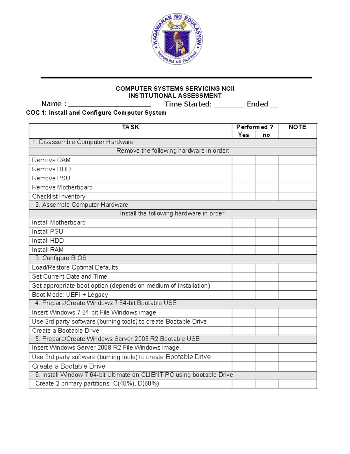 COC1 Institutional Assessment: Computer Systems Servicing NCII Guide ...