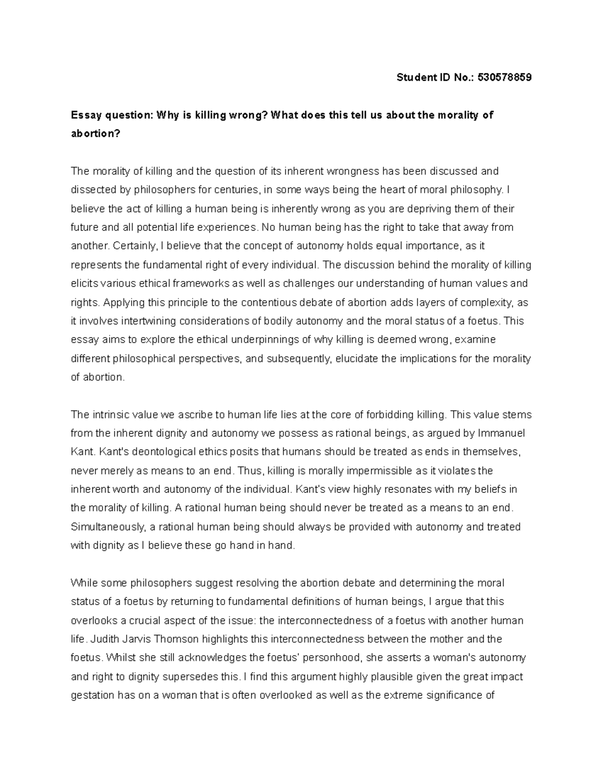 PHIL2617 Essay: The Morality of Killing and Its Implications for ...