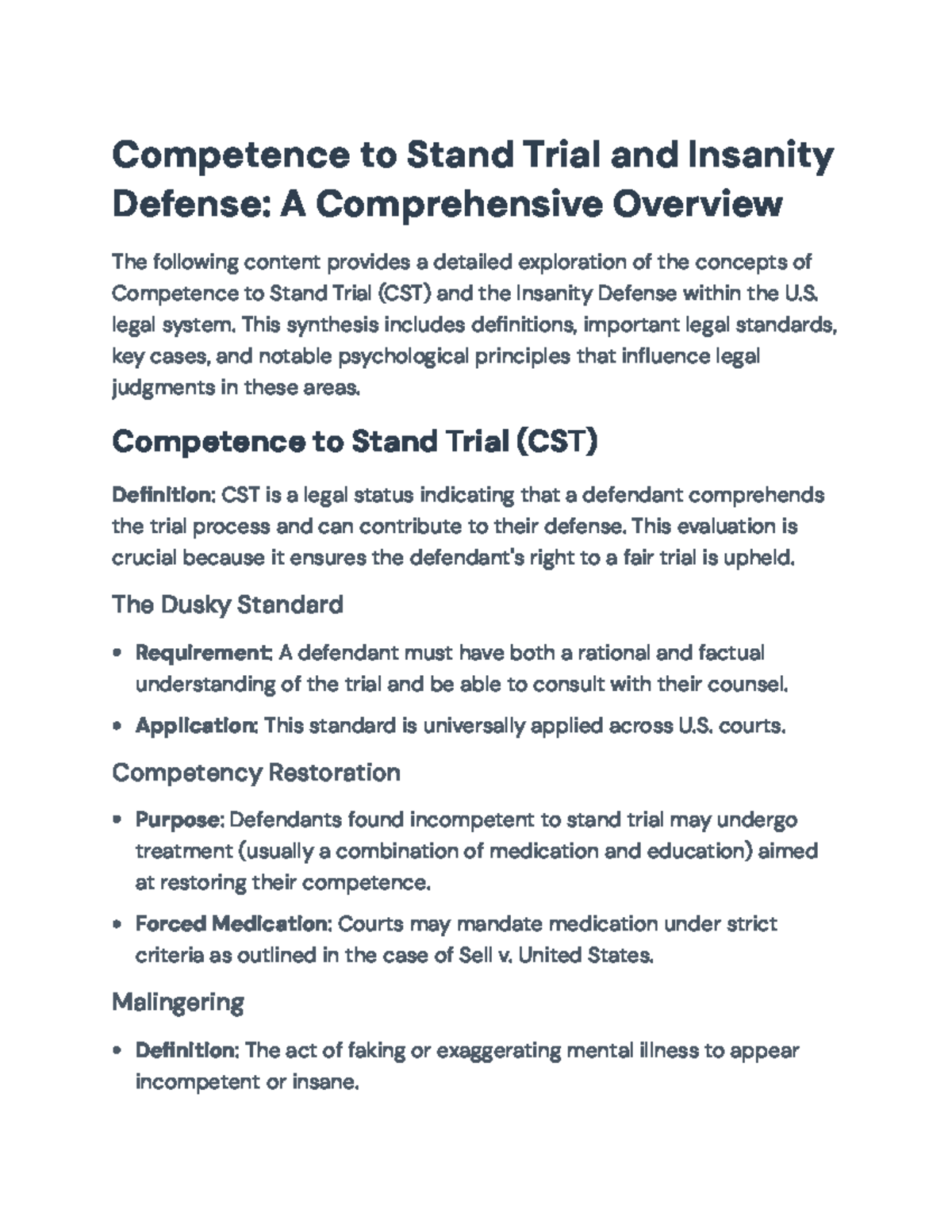 Competence to Stand Trial and Insanity Defense Overview (CST 101 ...
