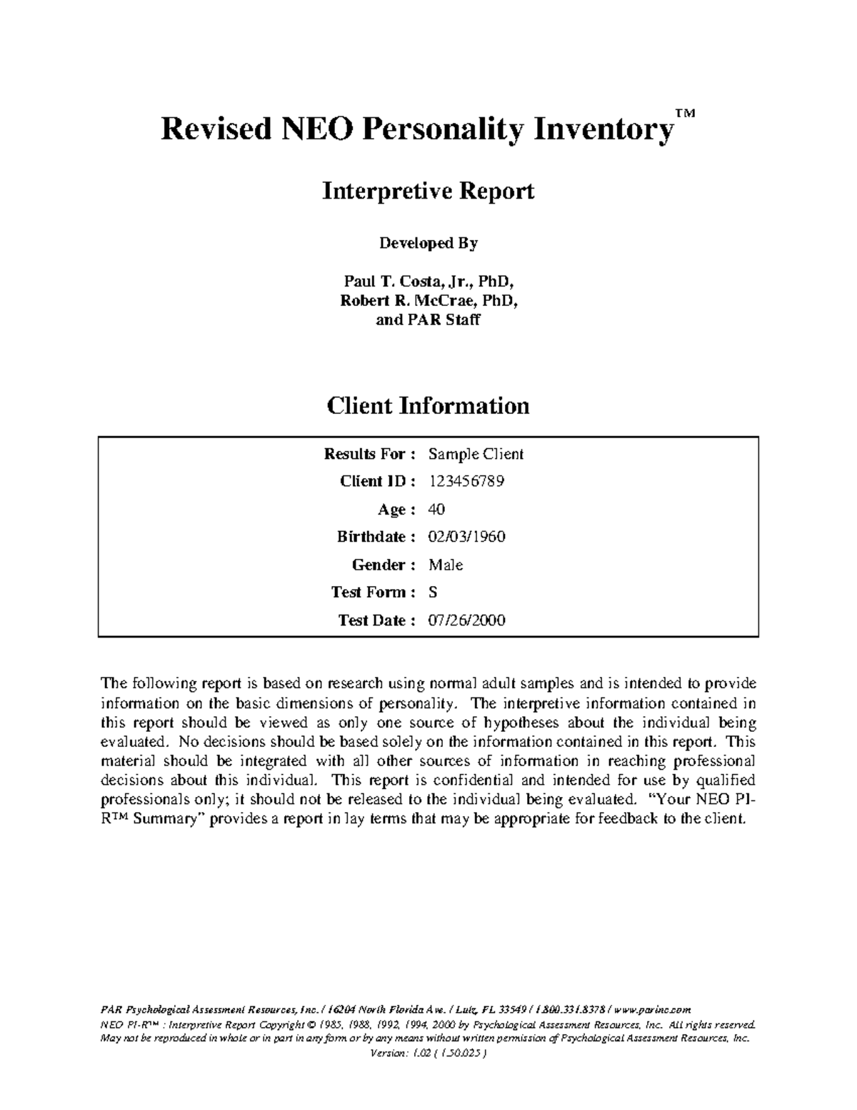 NEO PI-R™ Interpretive Report Sample Analysis for Client ID 123456789 ...
