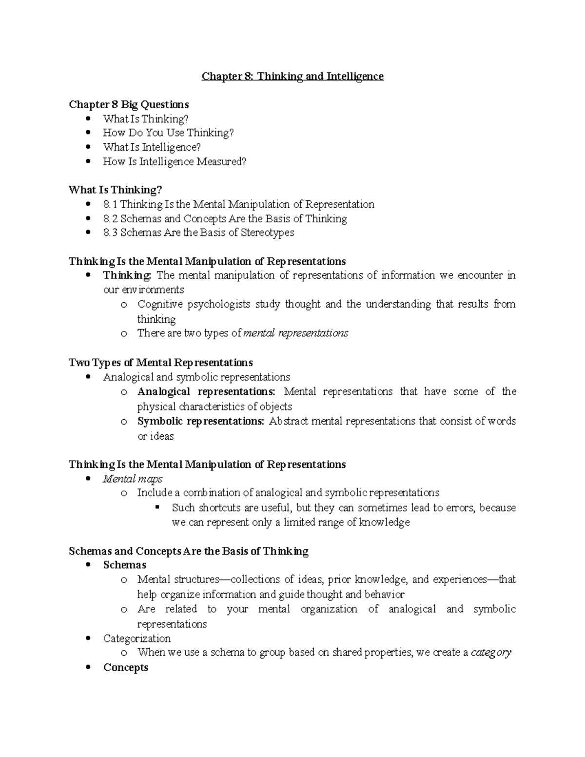 Chapter 8 Notes: Thinking, Intelligence, and Cognitive Representations ...