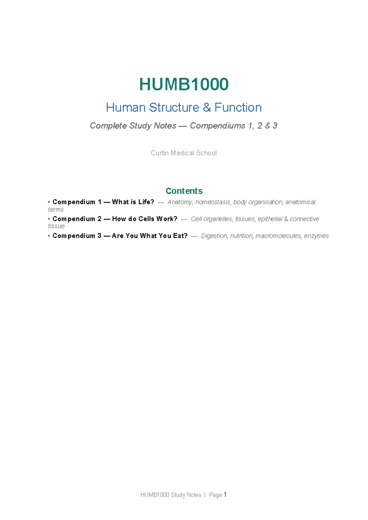 HUMB1000 Human Structure and Function Study Notes Compendium 1-3 - Studocu