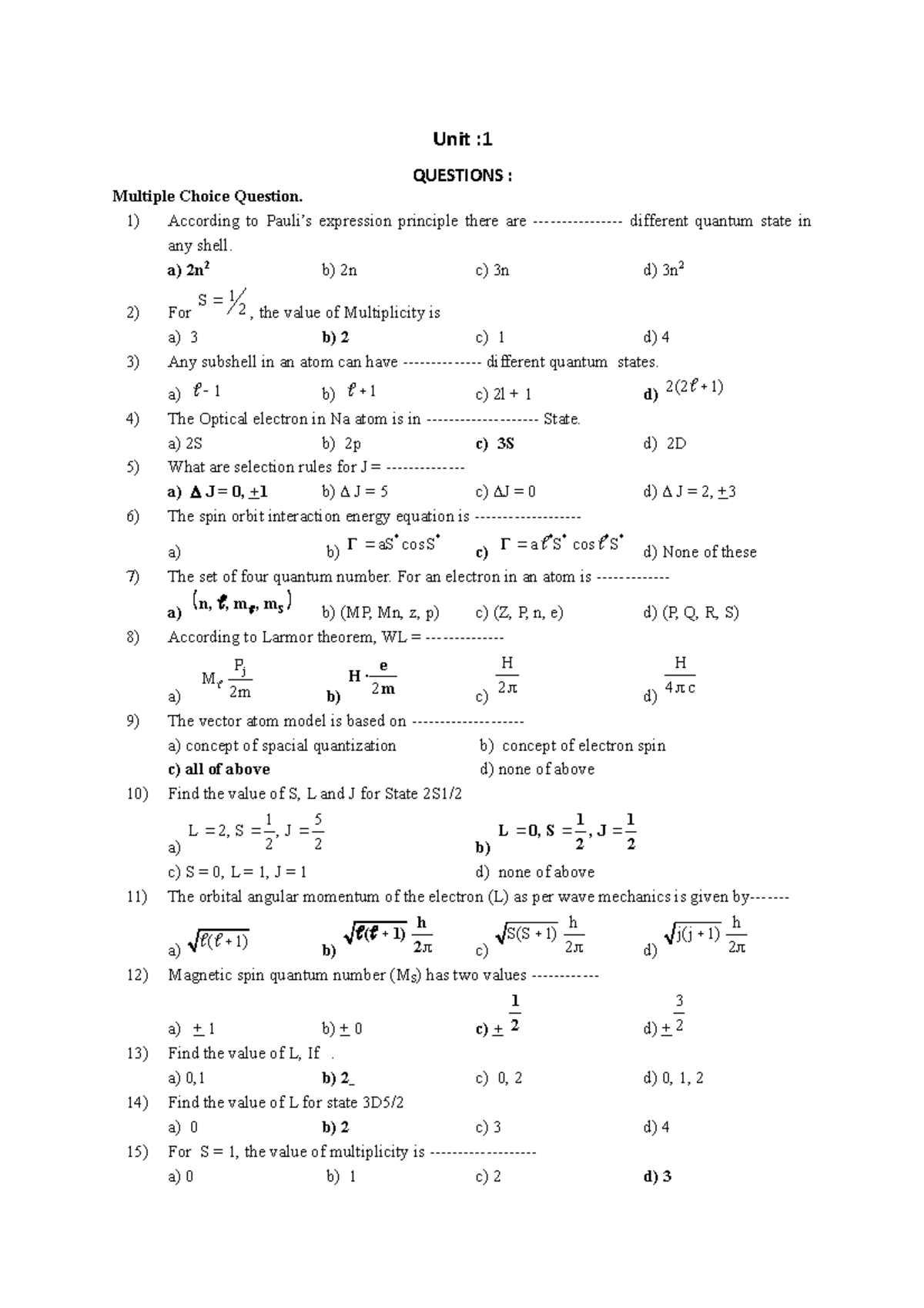 PHY-503 Final Exam Questions on Atomic & Molecular Physics - Studocu
