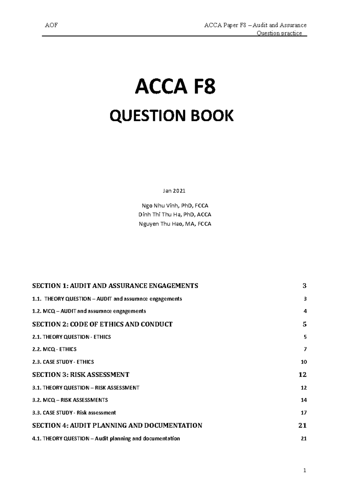 ACCA F Question Book: Audit & Assurance Engagements Practice (Jan 2021 ...