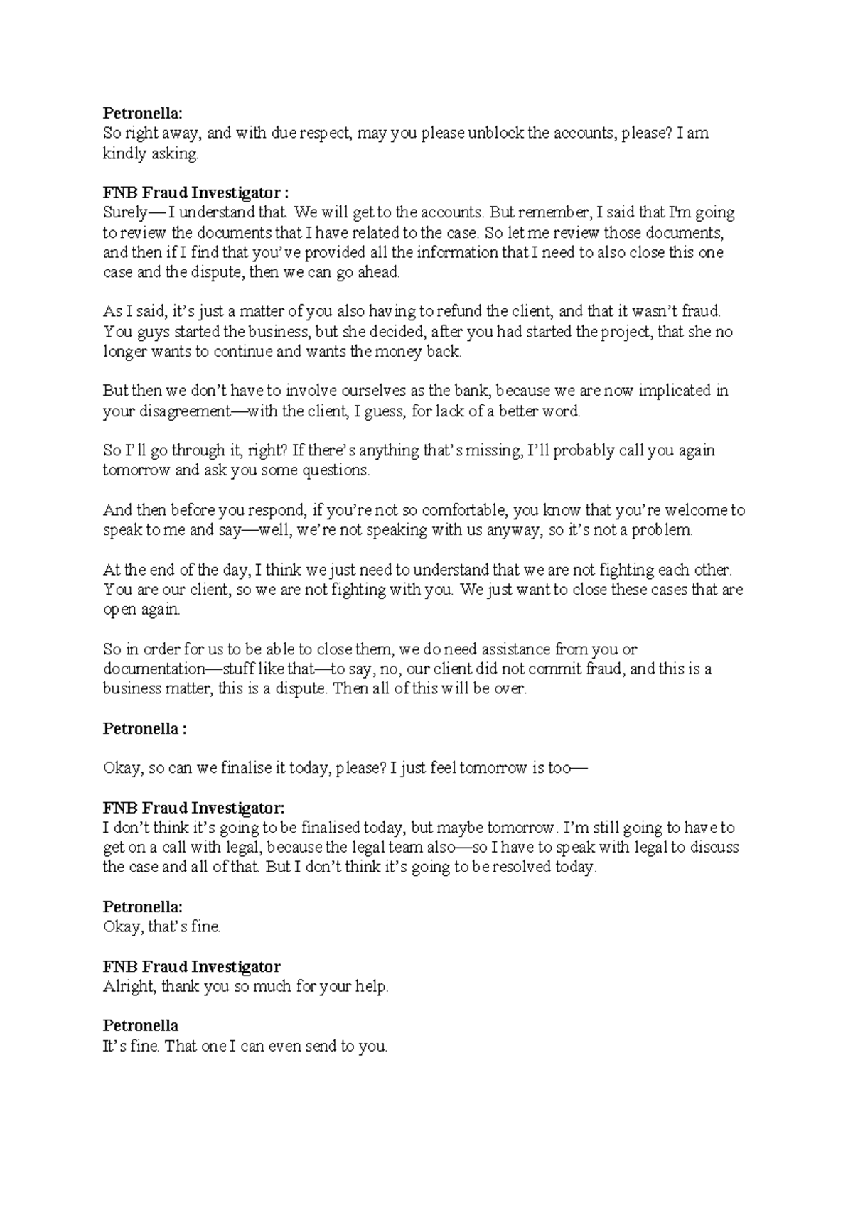 FA 2 - Transcription of FNB Fraud Investigation Discussion - Studocu