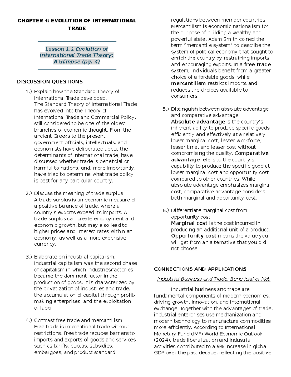 CHAPTER 1: EVOLUTION OF INTL TRADE - KEY THEORIES & CONCEPTS - Studocu