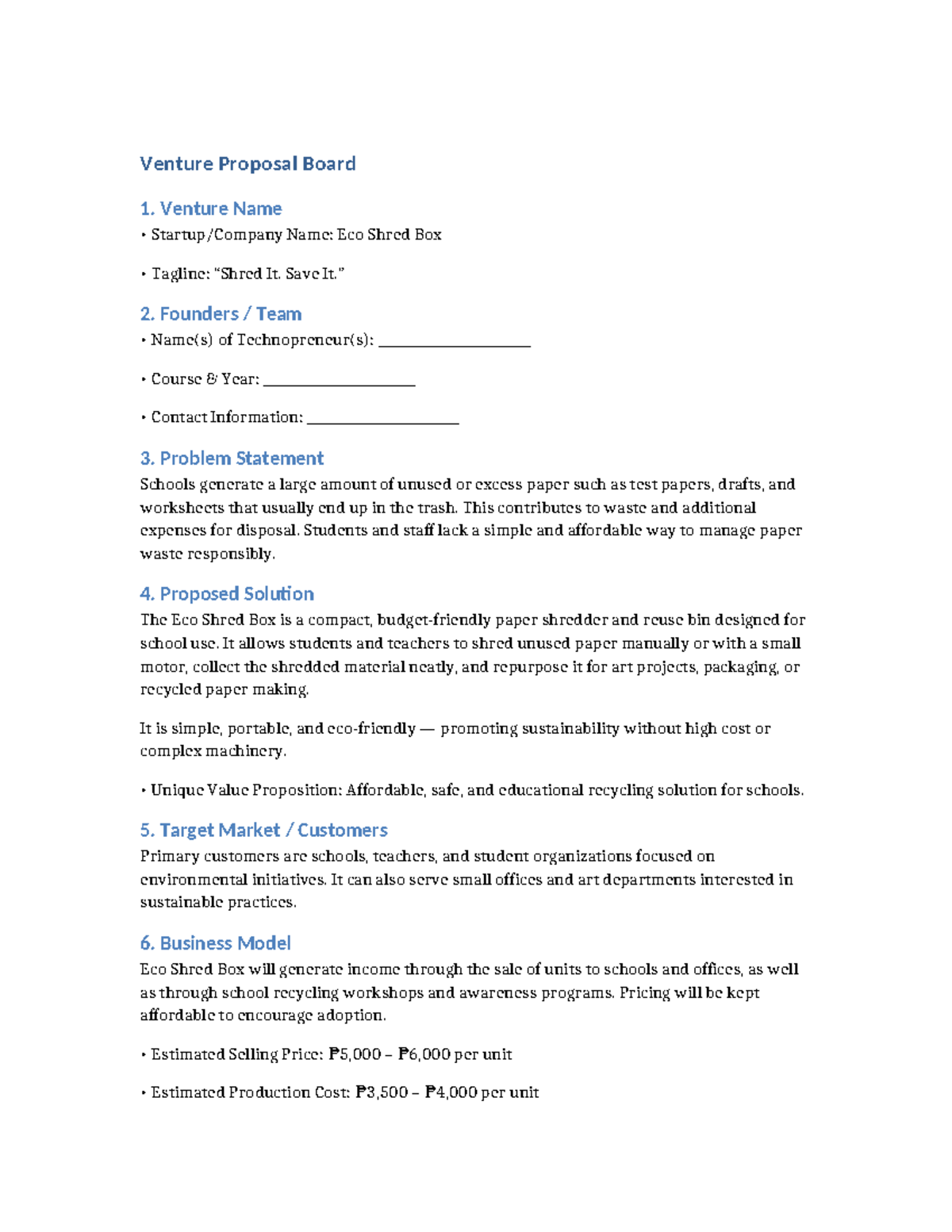 Eco Shred Box Venture Proposal - Sustainable Solutions for Schools ...