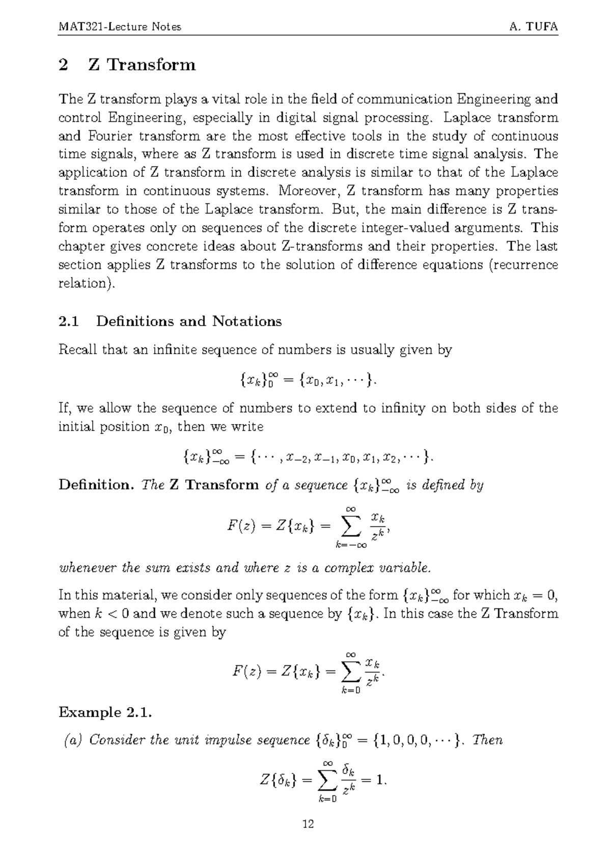 Math 392 Lecture Notes: Z Transform in Signal Processing - Studocu