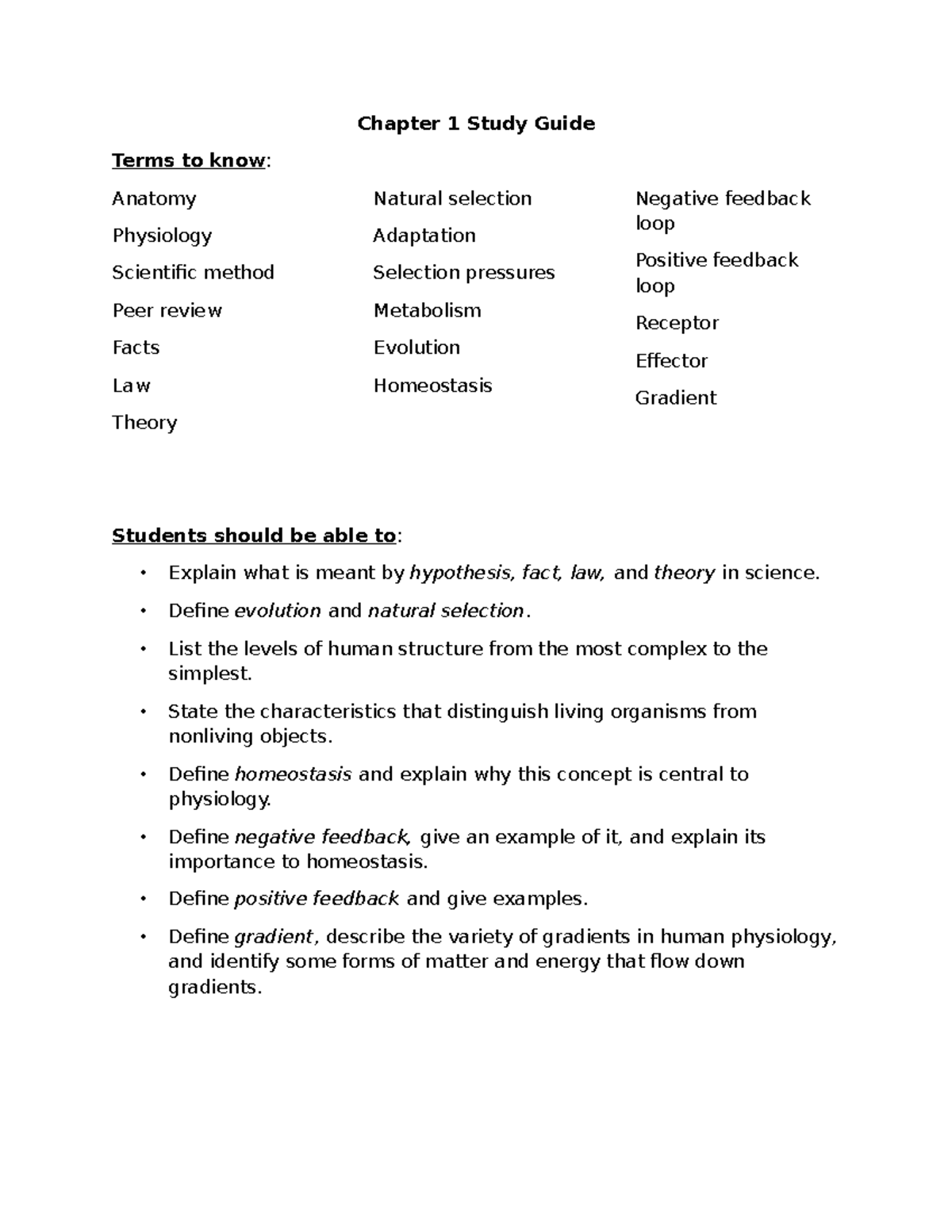 Chapter 1 Study Guide: Key Terms and Concepts in Anatomy and Physiology ...