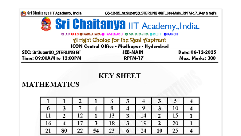 Sri Chaitanya IIT Academy: JEE Main RPTM-17 Key & Solutions - Studocu