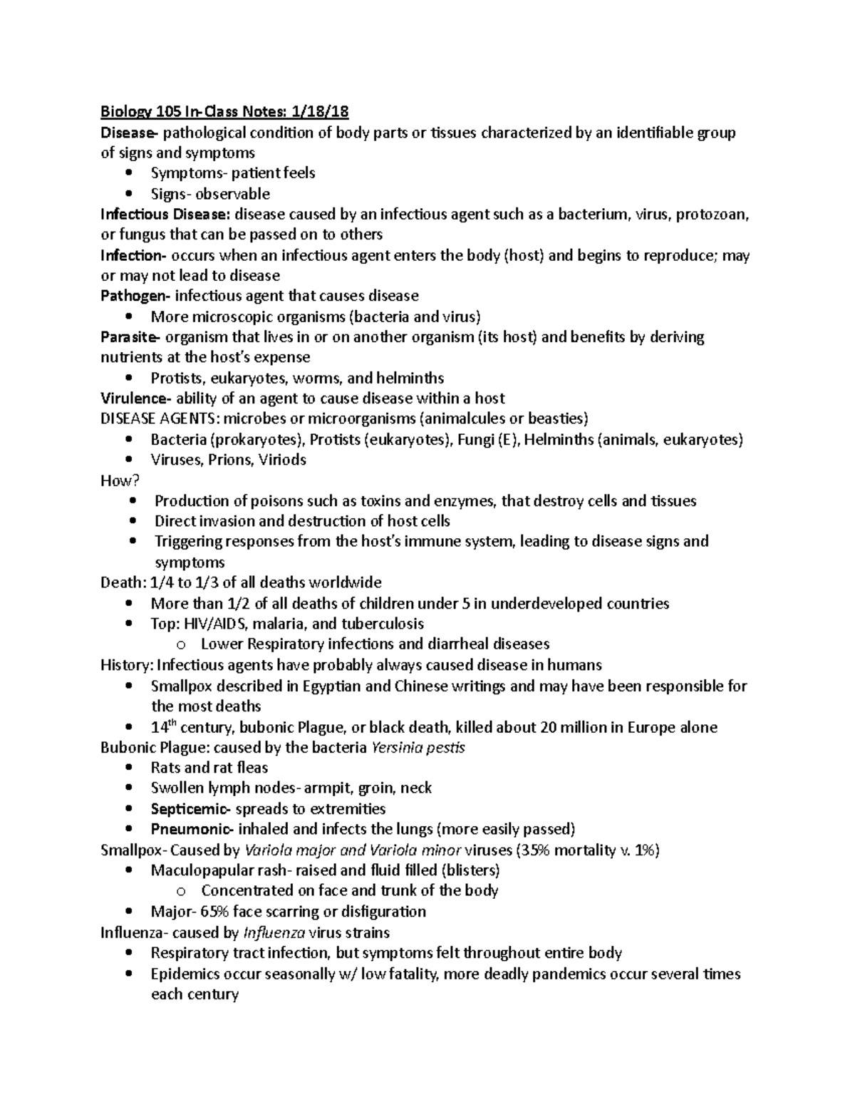 Biology 105 - Comprehensive Lecture Notes on Infectious Diseases and ...