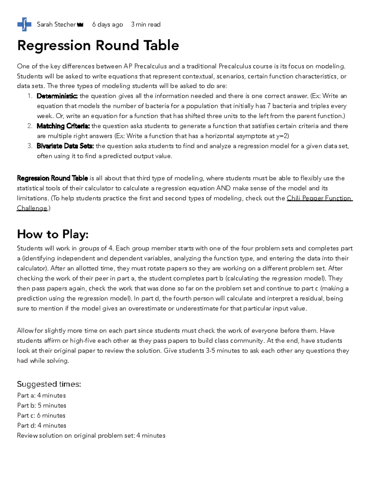 AP Precalculus Regression Round Table: Modeling and Analysis Guide ...