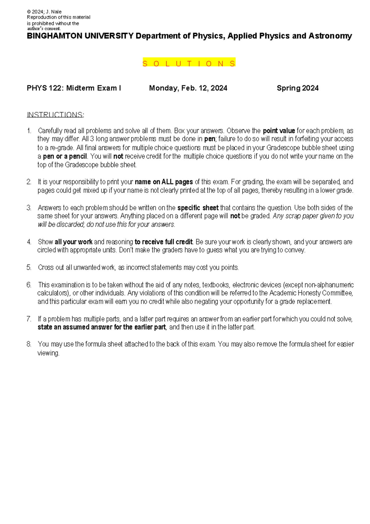 PHYS 122: Midterm Exam I Solutions - Spring 2024 - Studocu