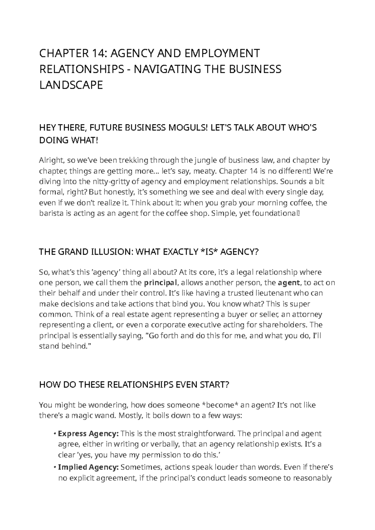CHAPTER 14: AGENCY & EMPLOYMENT RELATIONSHIPS REVIEW - Studocu