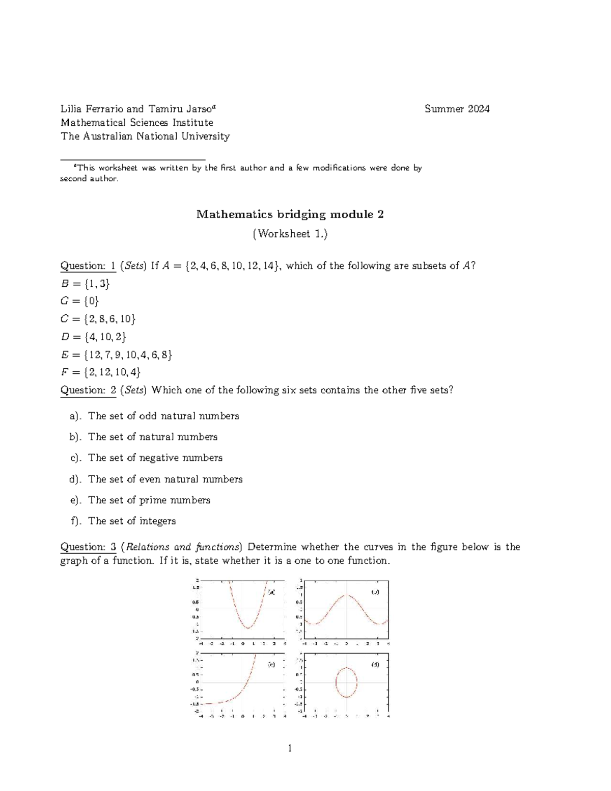 Sets D1 Worksheet - Math Bridging Module 2 Summer 2024 - Studocu