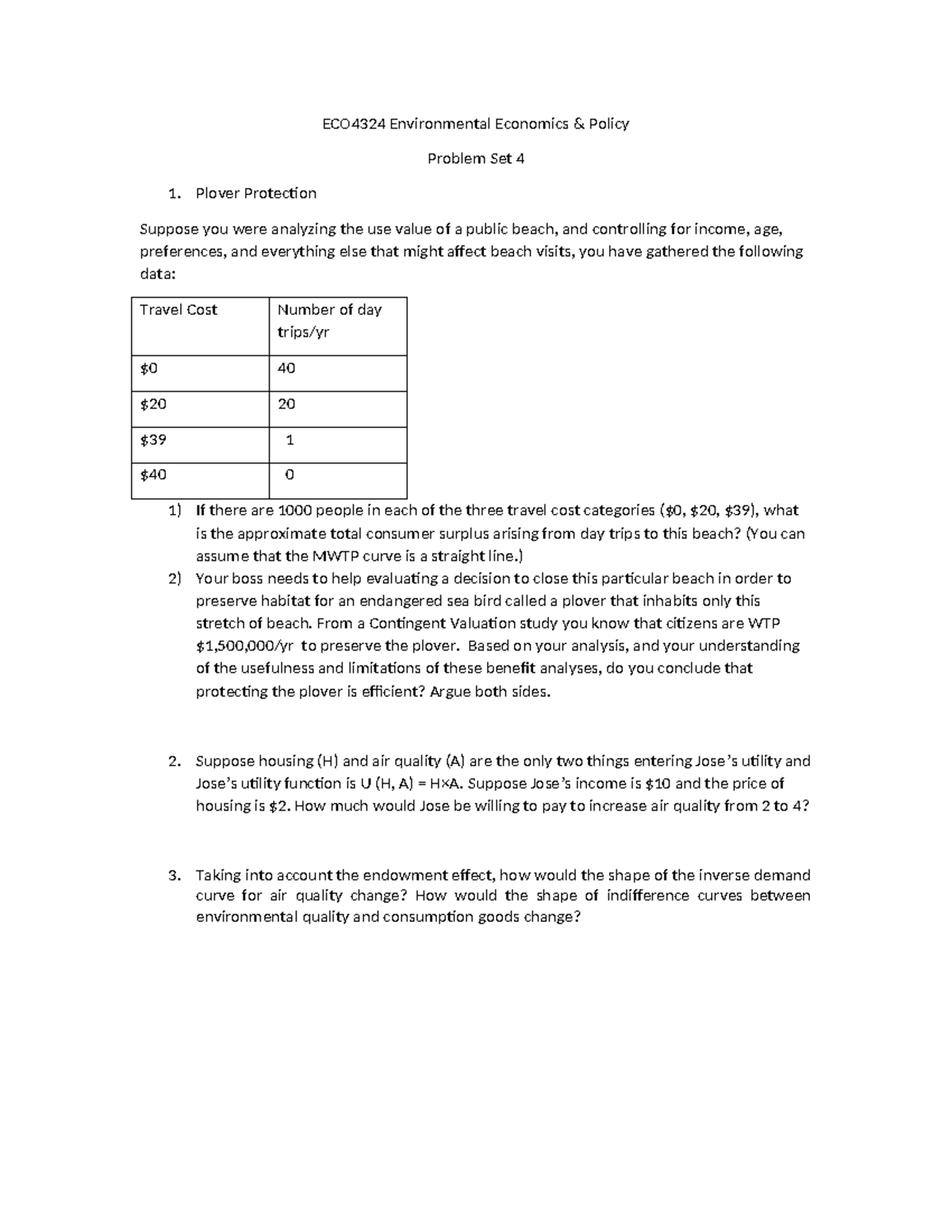 ECO4324 Environmental Economics Policy Problem Set 4: Plover Protection ...