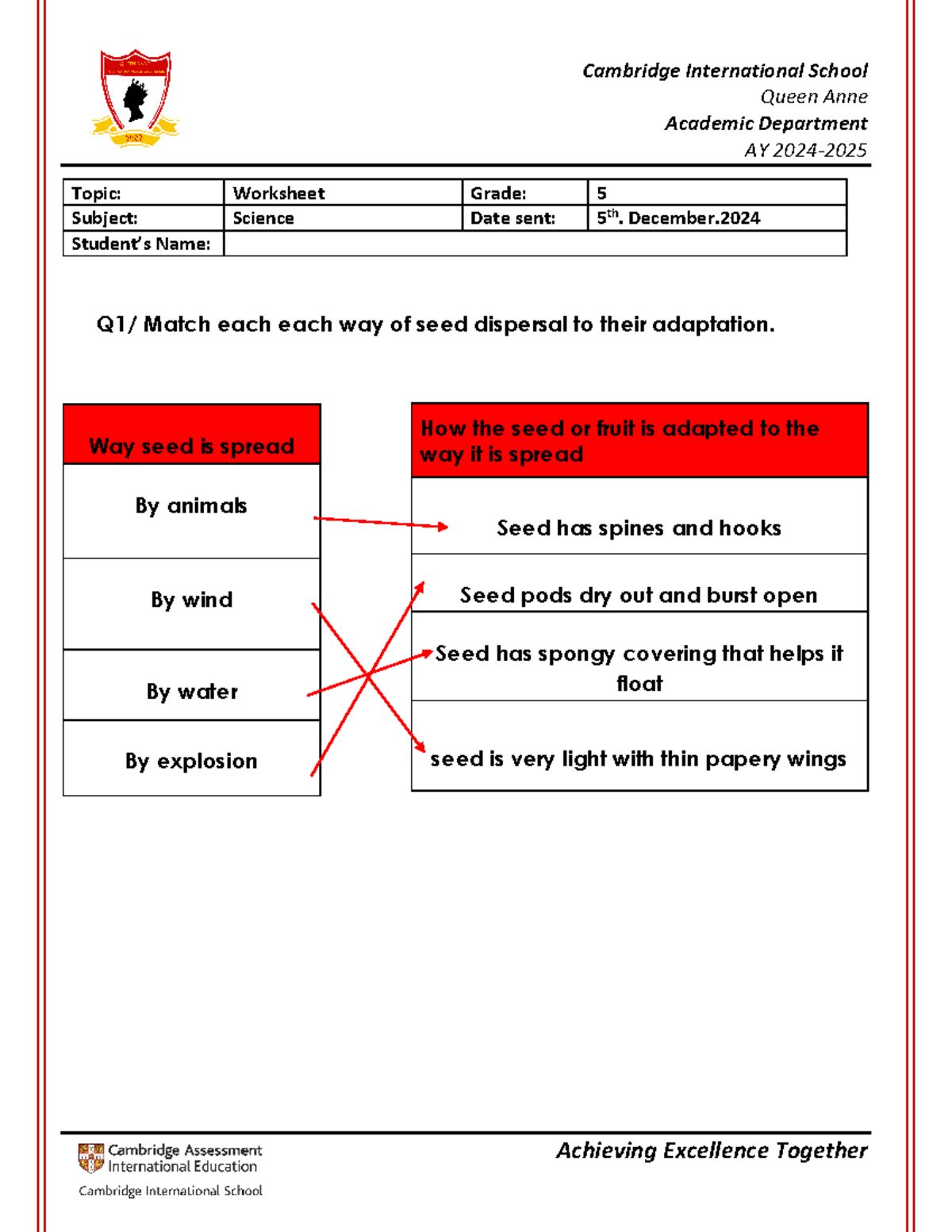 Grade 5 Science Worksheet: Seed Dispersal & States of Matter Answers ...