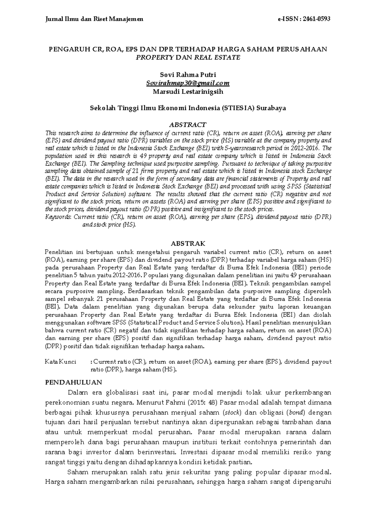 984-Article Text-3600-1-10-2019 1226 - PENGARUH CR, ROA, EPS DAN DPR TERHADAP HARGA SAHAM ...