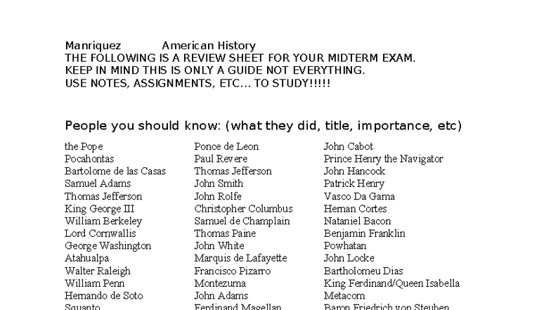 American History Review Sheet: Key Concepts for Midterm Exam - Studocu