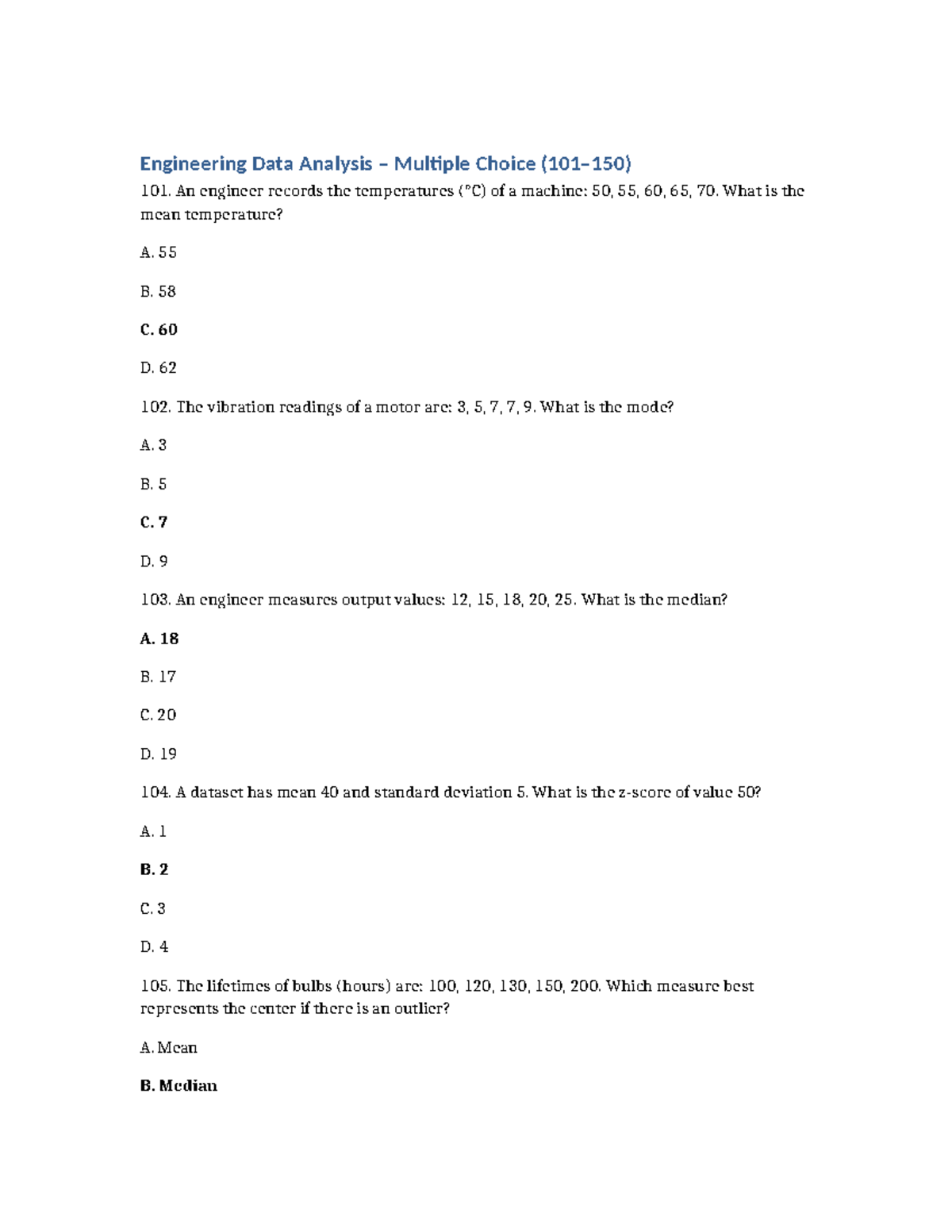 Engineering Data Analysis MCQ Review 101-150 - Studocu