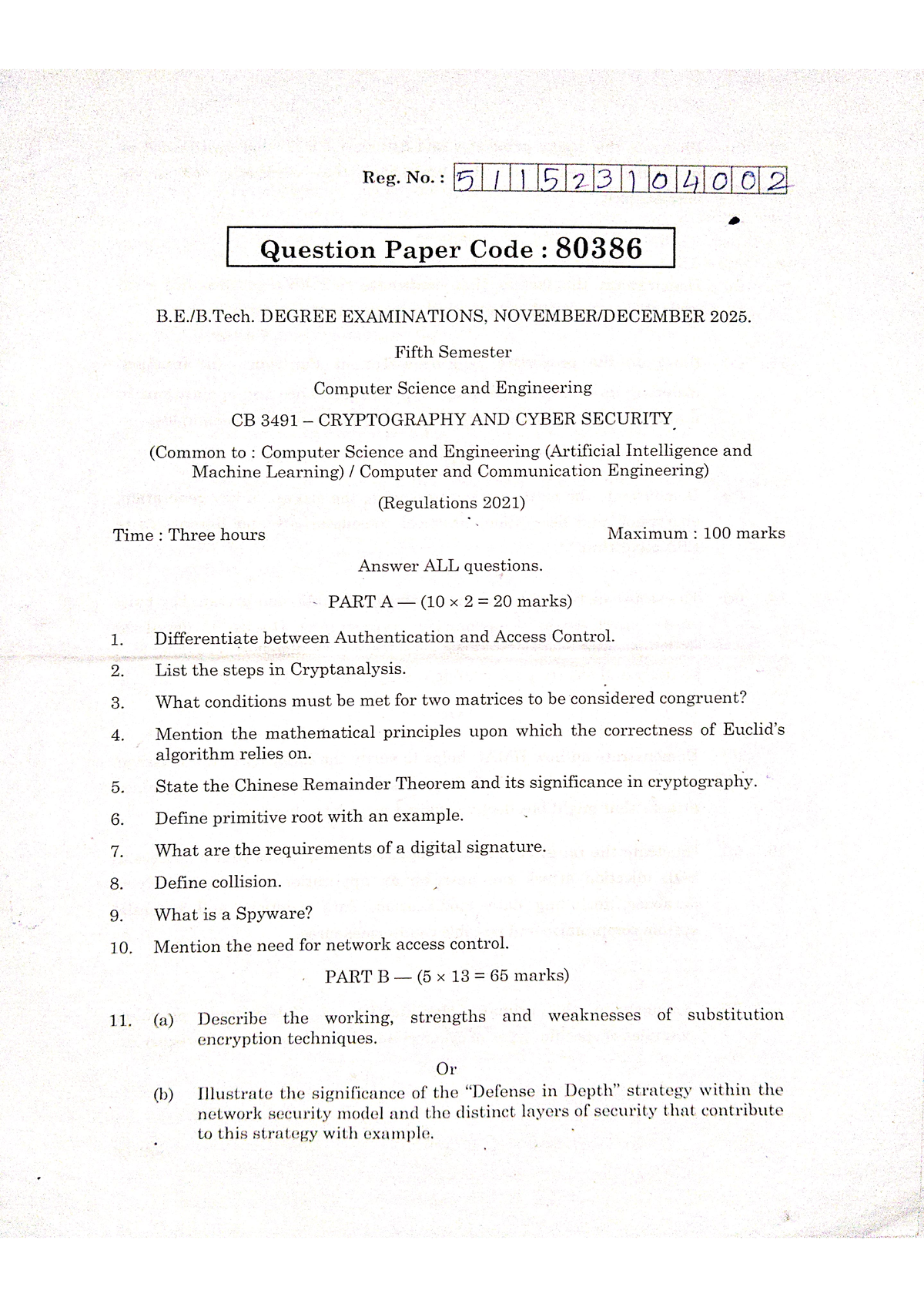 CB3491 - Cryptography and Cyber Security Exam Questions 2025 - Studocu