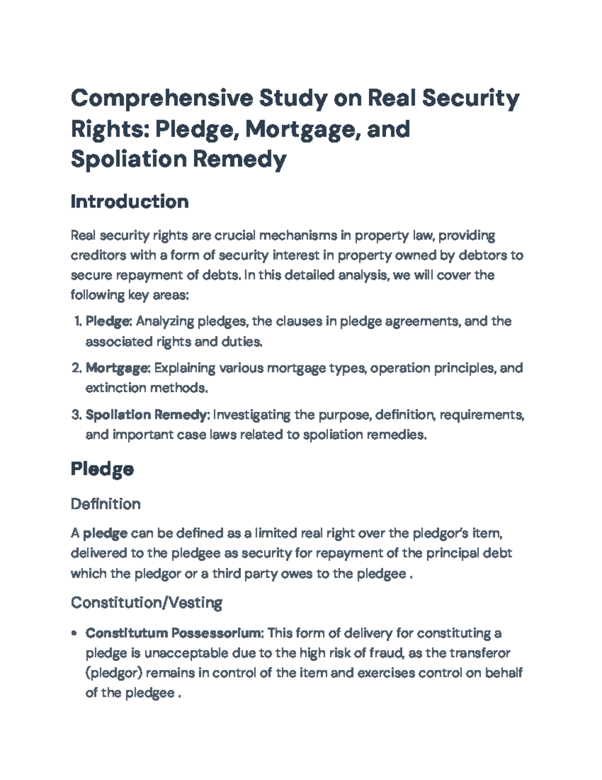 Comprehensive Study on Real Security Rights: Pledges, Mortgages ...