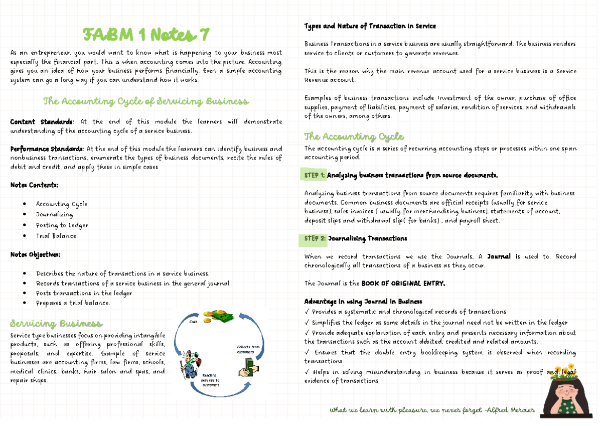 FABM 1 Notes 7: Accounting Cycle for Service Businesses - Studocu