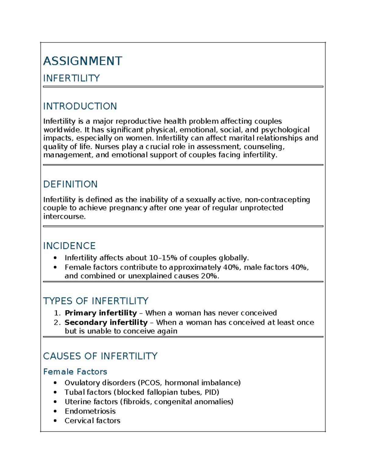 Assignment - Infertility Overview and Nursing Role - Studocu