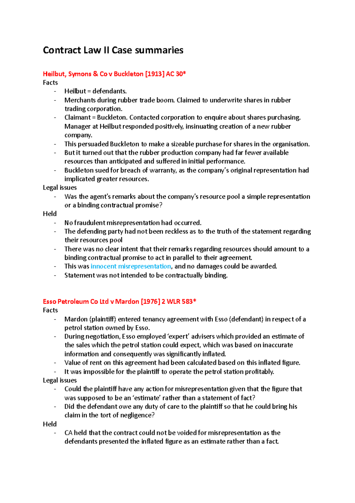 Contract Law II Case Summaries: Key Legal Principles and Cases - Studocu