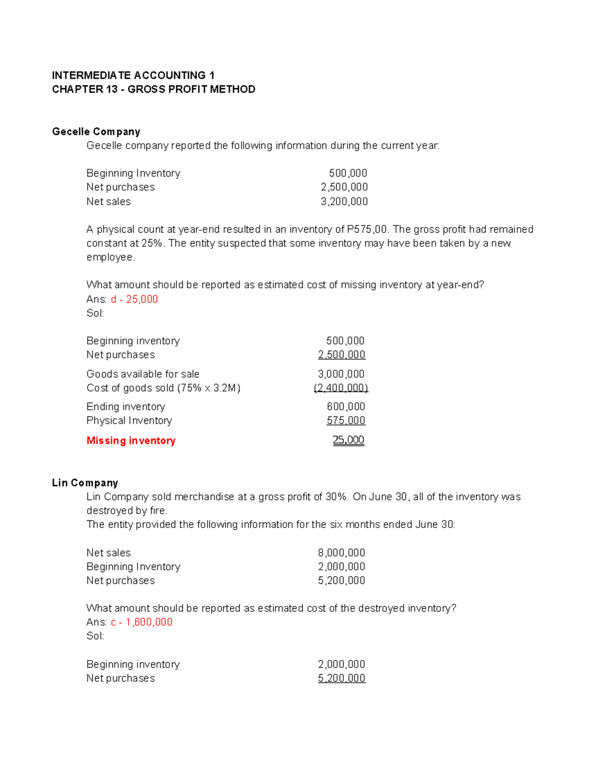 INTERMEDIATE ACCOUNTING 1 CHAPTER 13 GROSS PROFIT METHOD ANALYSIS - Studocu