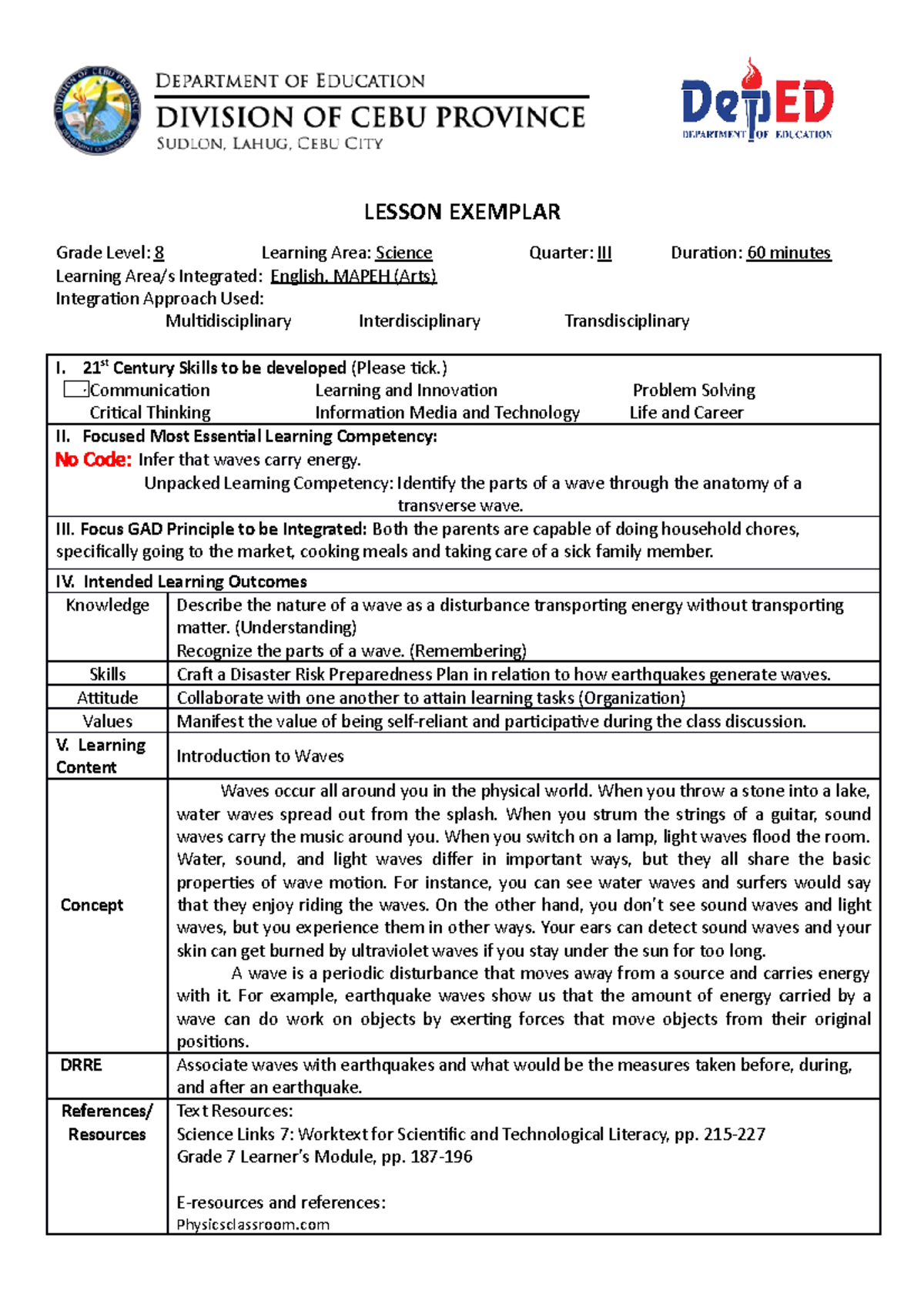 Lesson Exemplar on Waves for Grade 8 Science - DepEd RPMS PPST 2020 ...