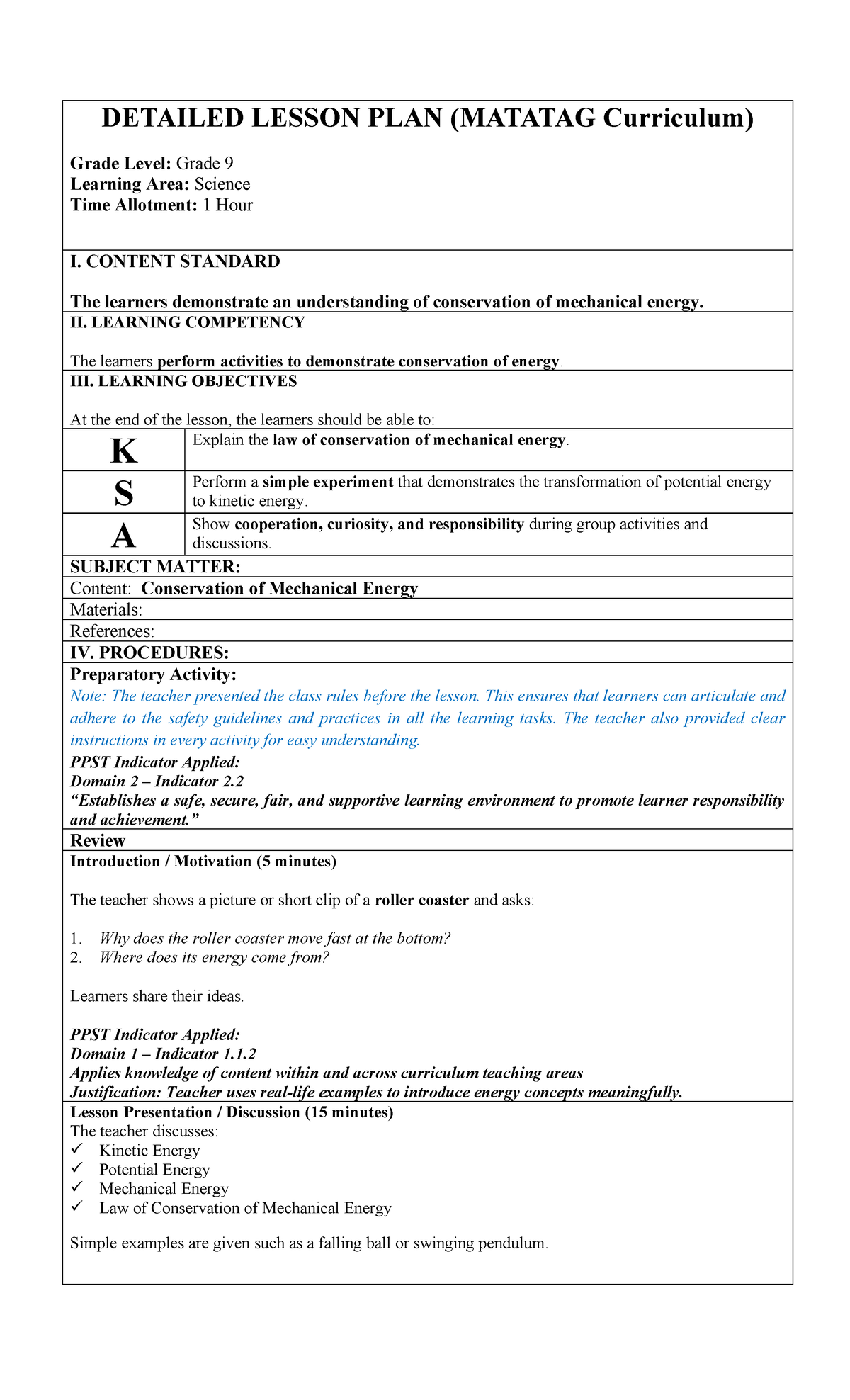 Detailed Lesson Plan on Conservation of Mechanical Energy (Grade 9 ...