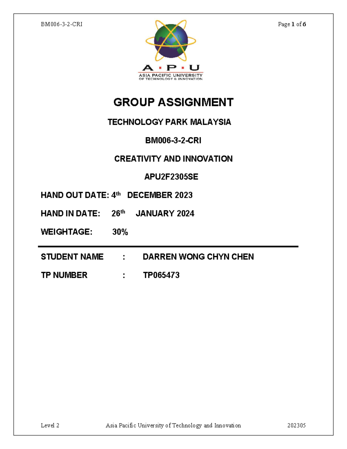 APU2F2305SE Group Assignment: Creativity & Innovation Solutions - Studocu
