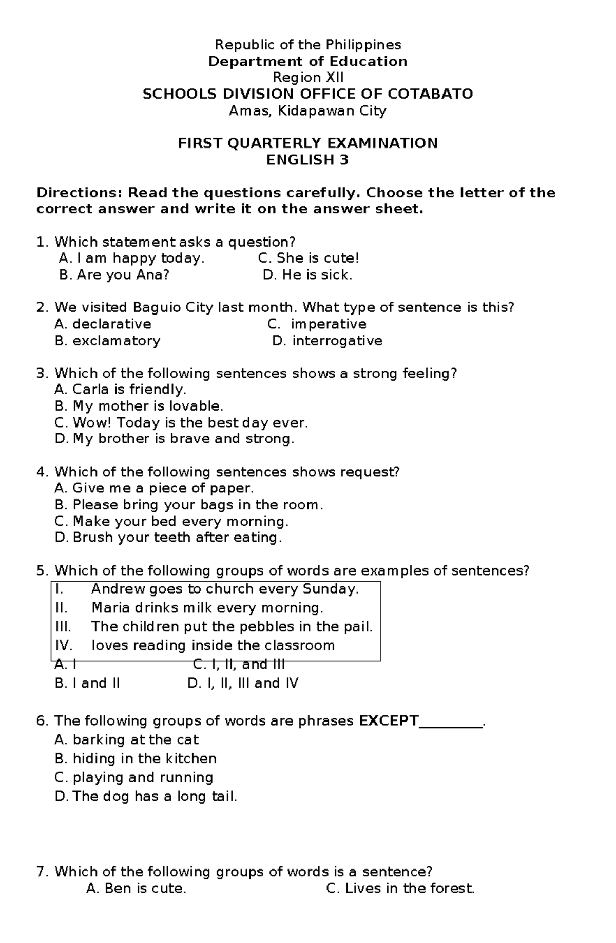 Grade 3 English First Quarterly Exam Review and Answer Key - Studocu