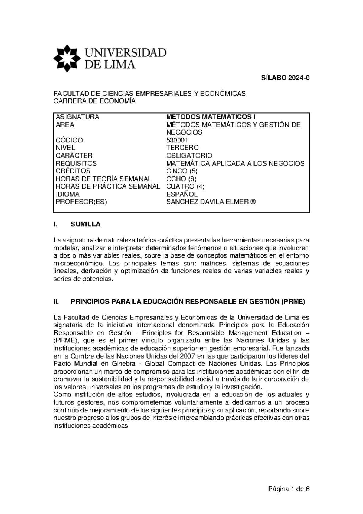 Sílabo Métodos Matemáticos I - Economía 530001 (2024) - Document Preview