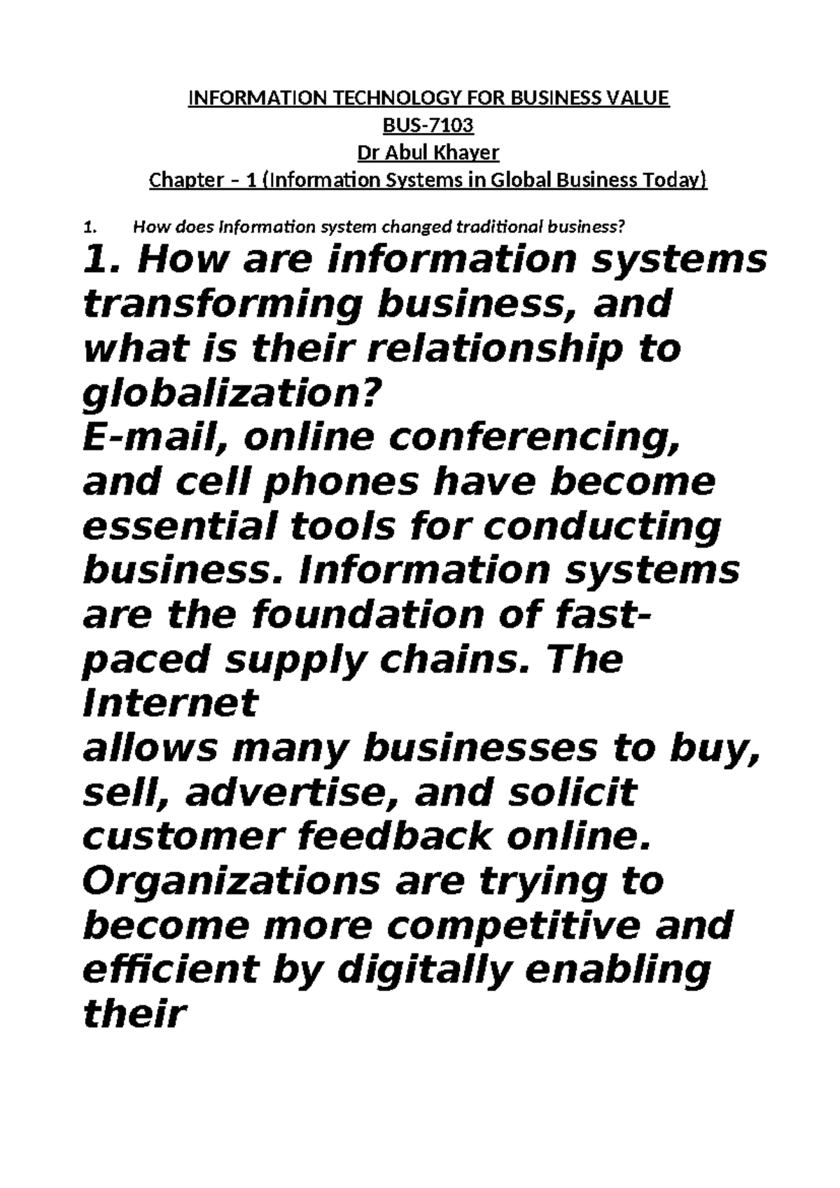 ITBV - Midterm Notes on Information Systems and Global Business - Studocu