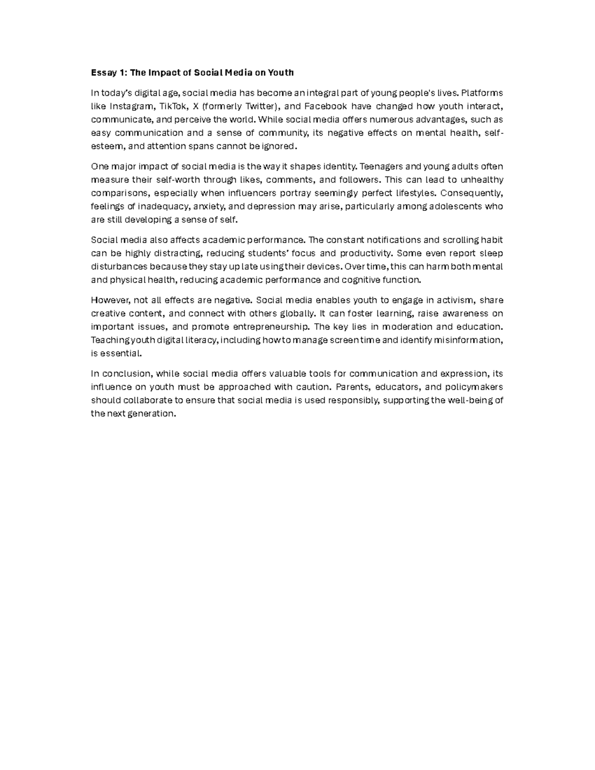 ENG 101: Essay 1 - The Impact of Social Media on Youth - Studocu