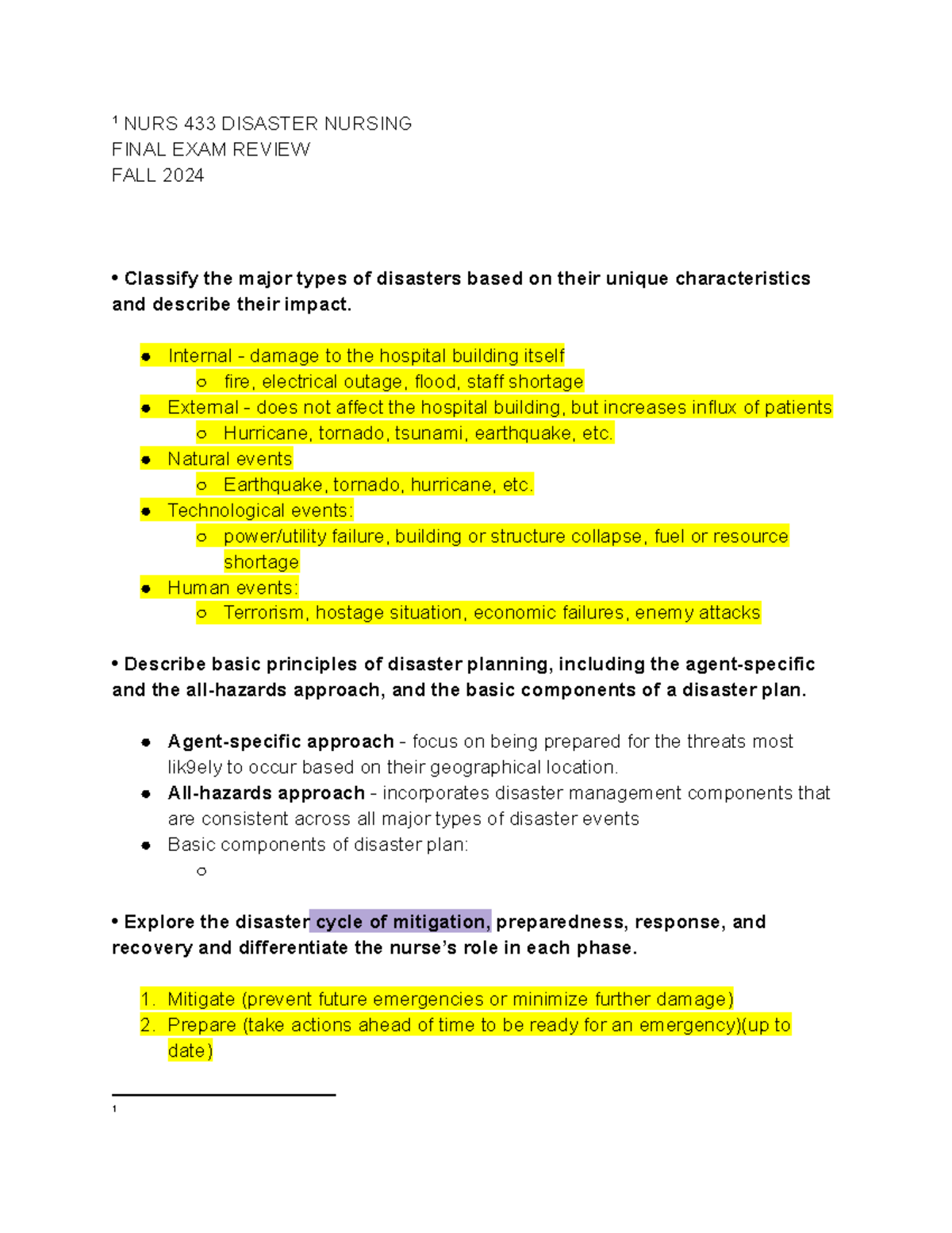 NURS 433 DISASTER NURSING FINAL EXAM REVIEW FALL 2024 - Studocu